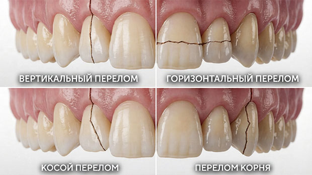 Виды перелома зуба, Поперечный перелом зуба (горизонтальный перелом зуба), Продольный перелом зуба (вертикальный), Частичный перелом коронки зуба,
